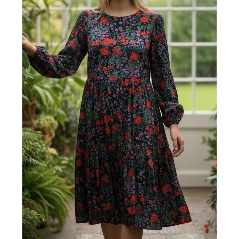 Sante Floral Midi Dress Womens Medium Multi Color 100% Cotton Drop Waist Velour